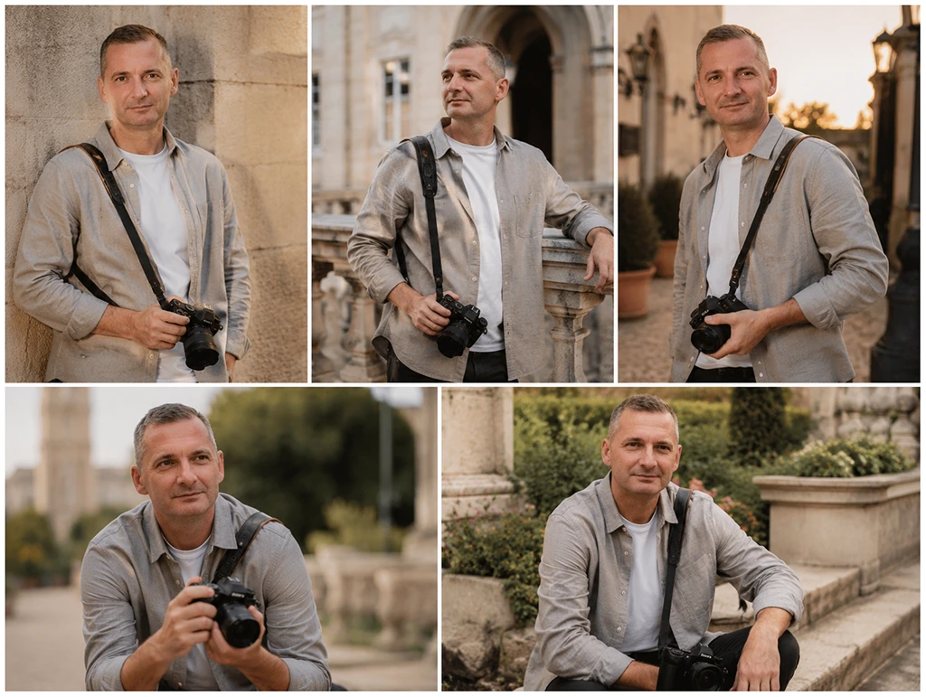 Porträtcollage eines Hochzeitsfotografen mit Kamera
